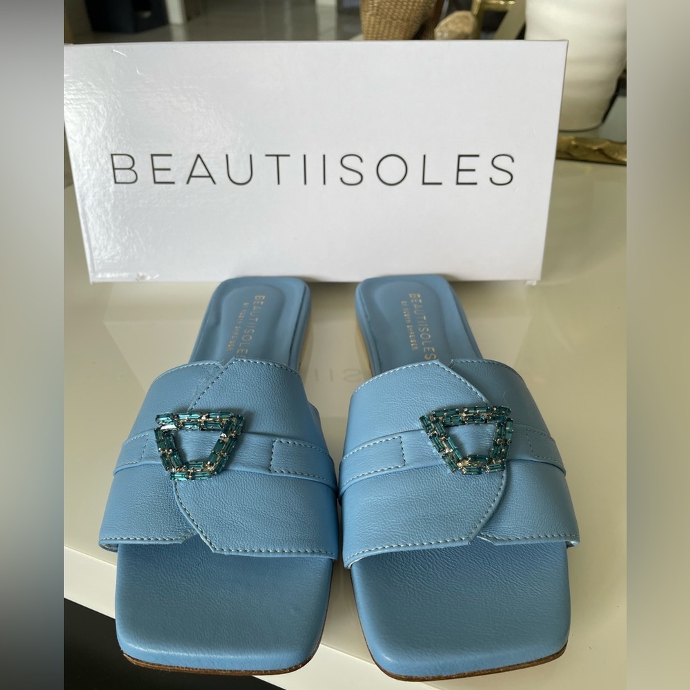 BeautiIsoles Blue Slide Sandals with Decorative Buckle